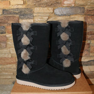 UGG KOOLABURRA TALL SUEDE FUR BOW BOOTS BLACK